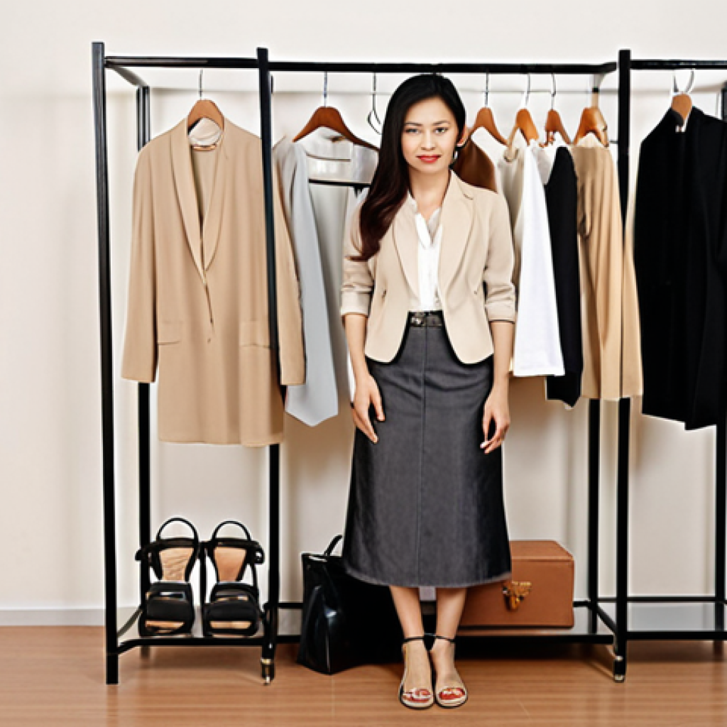 **Image Prompt:** A stylish Thai woman standing in front of a well-organized capsule wardrobe featuring neutral colors (beige, white, grey) and versatile pieces like a white blouse, denim jeans, a black blazer, and a simple Thai silk skirt. The wardrobe also includes a few carefully chosen accessories and comfortable sandals. The background should be a modern, minimalist Thai home.