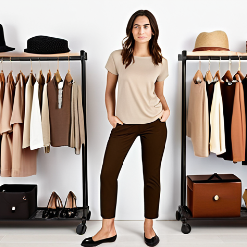 **Image:** A woman confidently standing in front of a well-organized capsule wardrobe, featuring a mix of neutral-colored tops, bottoms, and a few accent pieces. The wardrobe showcases classic and versatile clothing items.