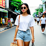 **

A stylish woman in Thailand wearing a white cotton T-shirt, light-wash denim shorts, and white sneakers, accessorized with a woven tote bag and sunglasses. The background should be a vibrant street scene in Bangkok. The overall feel should be relaxed and effortlessly chic, perfect for a hot day.

**