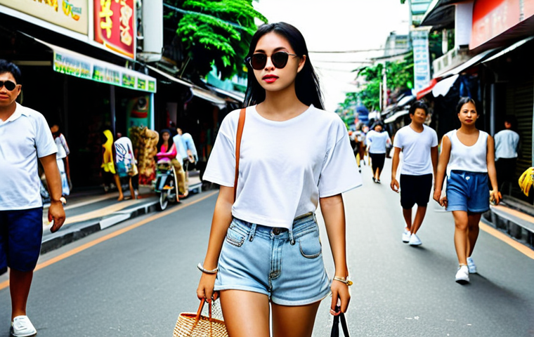 **

A stylish woman in Thailand wearing a white cotton T-shirt, light-wash denim shorts, and white sneakers, accessorized with a woven tote bag and sunglasses. The background should be a vibrant street scene in Bangkok. The overall feel should be relaxed and effortlessly chic, perfect for a hot day.

**