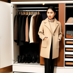 **Image of a stylish Thai woman in winter clothing, wearing a beige sweater, dark trousers, and a long brown coat, standing in front of a modern wardrobe with a capsule wardrobe arrangement. Focus on demonstrating how key items can be mixed and matched. Soft, warm lighting.**