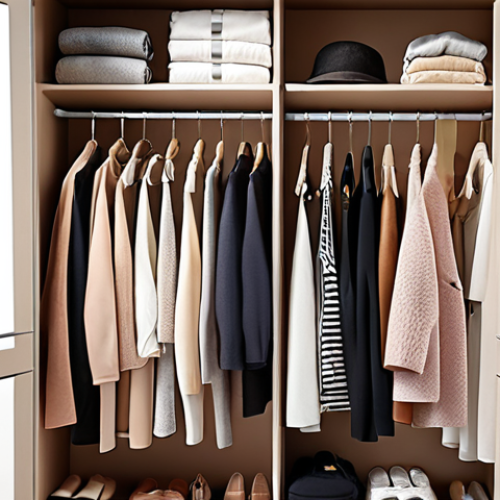 **
A woman with a calm and confident expression effortlessly selecting an outfit from a beautifully organized, minimalist closet. The wardrobe features a curated collection of versatile, high-quality garments in light, breathable fabrics, suitable for a warm climate. The scene emphasizes daily ease, reduced stress, and personal style, with soft, inviting lighting.

**