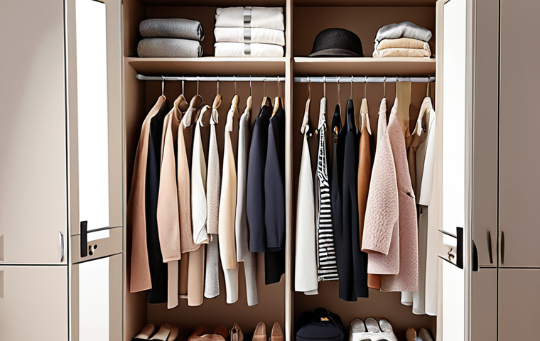 **
A woman with a calm and confident expression effortlessly selecting an outfit from a beautifully organized, minimalist closet. The wardrobe features a curated collection of versatile, high-quality garments in light, breathable fabrics, suitable for a warm climate. The scene emphasizes daily ease, reduced stress, and personal style, with soft, inviting lighting.

**